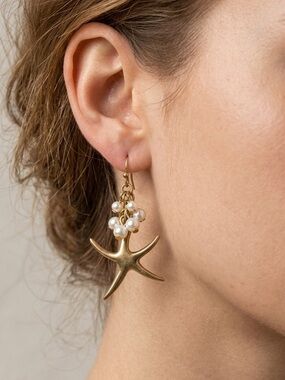 Gold Starfish Drop Earrings with Pearl Cluster - Women Jewelry